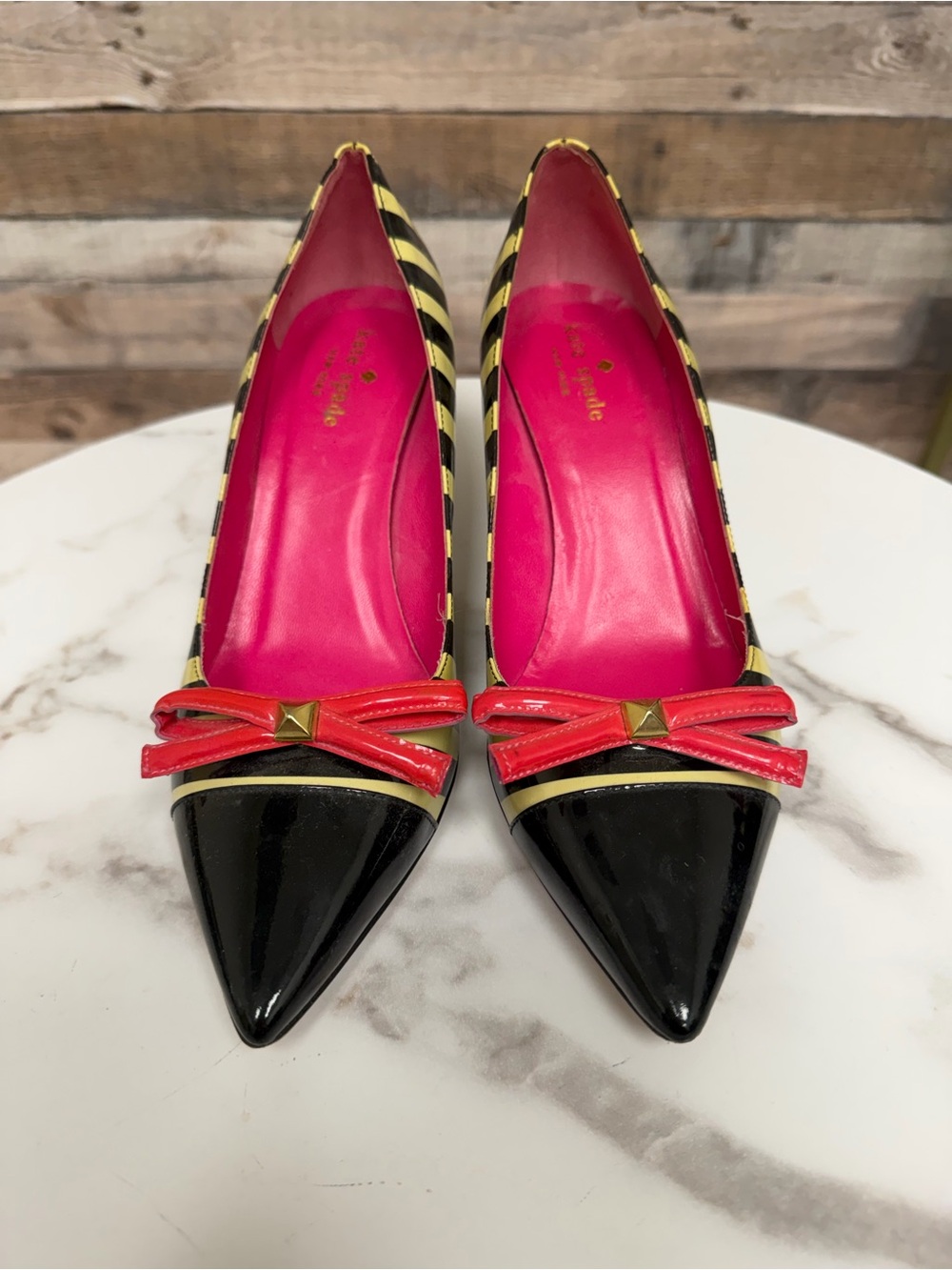 Kate Spade black/white with pink bow pumps